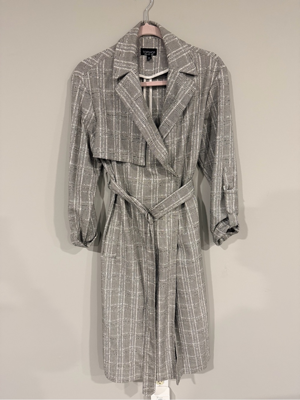 Topshop Lightweight Gray Plaid Trench Coat with Belt Size US 4